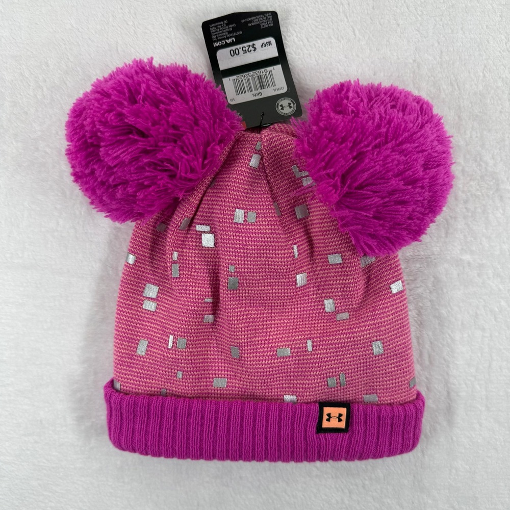 Under Armour ColdGear Girls Youth Fleece Lined‎ Beanie Hat Pink Gray